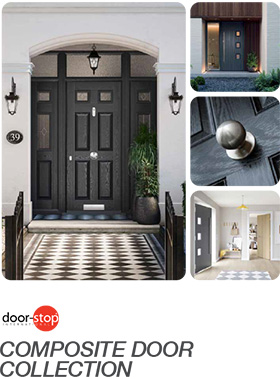 black front door with decorative elements modern composite door design featuring a unique knocker and stylish lighting options showcasing a 13 door collection and elegant entryway