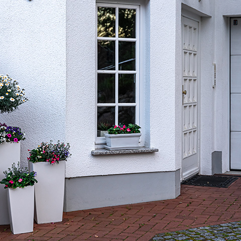 modern home entrance with white walls window flowers in pots vibrant colors and attractive design 29 flower arrangements 29 decorative planters