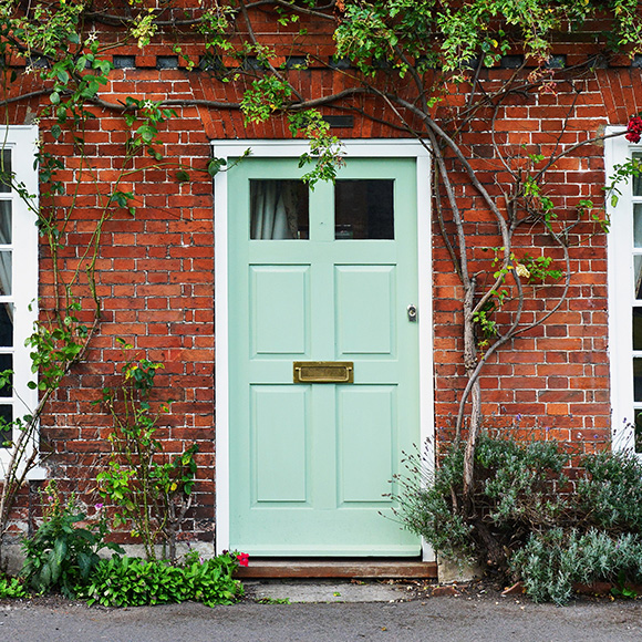 a light green door framed by a brick wall with climbing plants and a small flower at its base representing charming home design and inviting residential appeal 14 lovely features of home decor