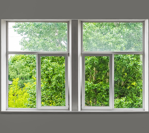 two white-framed windows showcasing lush green trees outside bright view of nature creating a serene atmosphere featuring 13 shades of green
